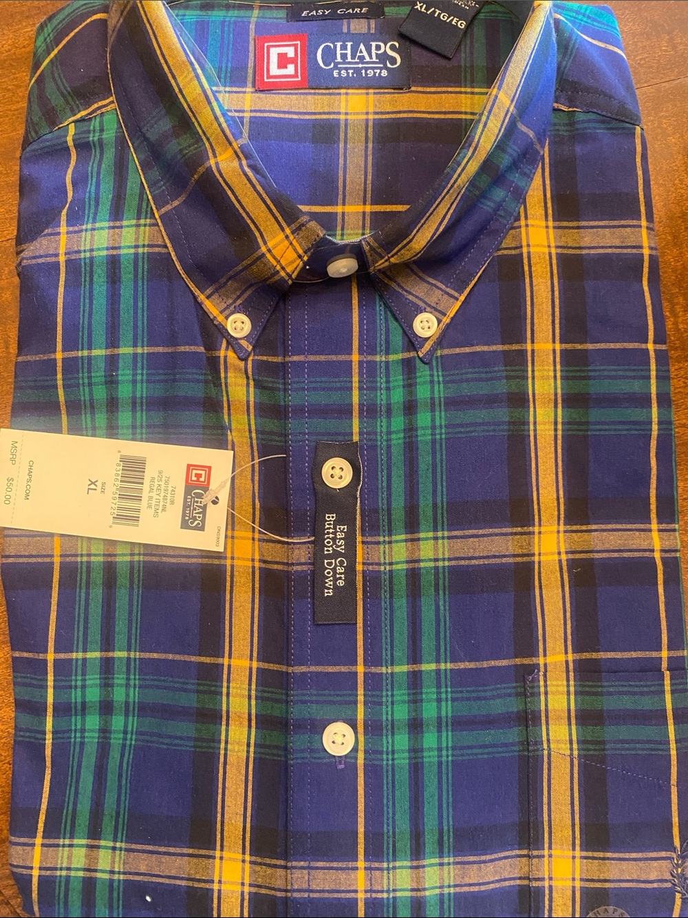 Chaps Men's Blue Green Yellow Plaid Button-Down Shirt